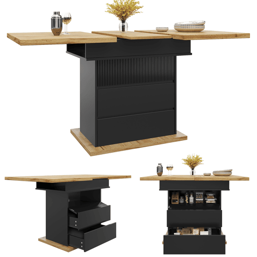 Mesa de jantar extensível retangular 110-140máx cm de mdf,preto+madeira Mesa de jantar extensível retangular 110-140máx cm de mdf,preto+madeira