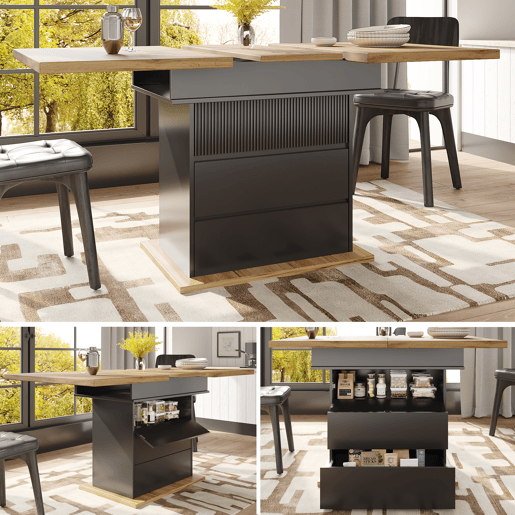 Mesa de jantar extensível retangular 110-140máx cm de mdf,preto+madeira Mesa de jantar extensível retangular 110-140máx cm de mdf,preto+madeira