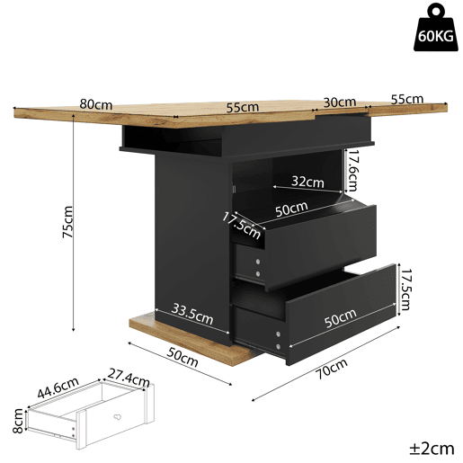 Mesa de jantar extensível retangular 110-140máx cm de mdf,preto+madeira Mesa de jantar extensível retangular 110-140máx cm de mdf,preto+madeira