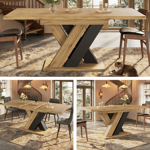 Mesa de jantar extensível retangular 119-159máx cm de mdf,madeira+preto Mesa de jantar extensível retangular 119-159máx cm de mdf,madeira+preto