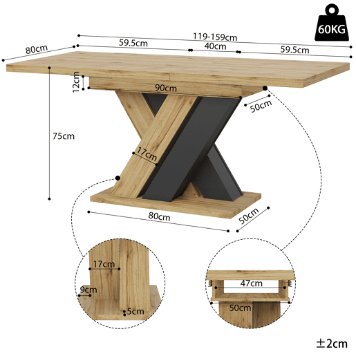 Mesa de jantar extensível retangular 119-159máx cm de mdf,madeira+preto Mesa de jantar extensível retangular 119-159máx cm de mdf,madeira+preto