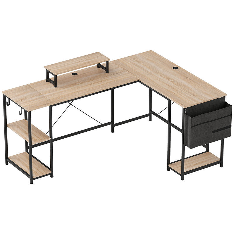 Homcom escritorio esquinero reversible en l, largo 168-240 cm, mesa escritorio de ordenador industrial con soporte monitor y cpu, estantería, bolsillo lateral, ganchos, estante ajustable, natural
