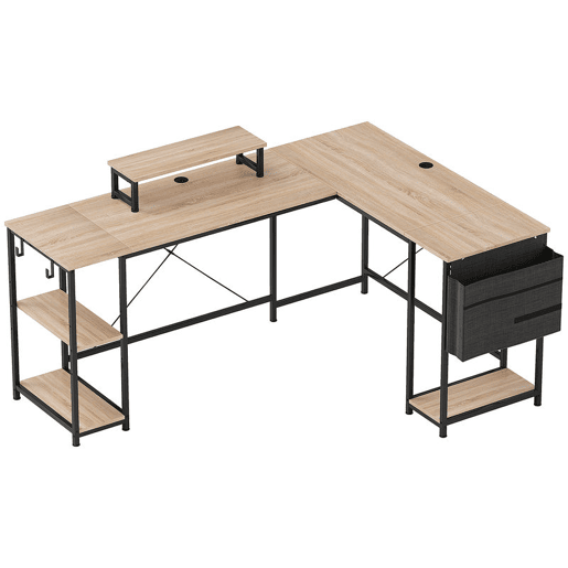 HOMCOM Secretária de Canto Reversível em L 168-240 cm, Secretária Industrial para Computador com Suporte para Monitor e CPU, Prateleiras, Bolsa Lateral e Ganchos, Natural HOMCOM Secretária de Canto Reversível em L 168-240 cm, Secretária Industrial para Computador com Suporte para Monitor e CPU, Prateleiras, Bolsa Lateral e Ganchos, Natural