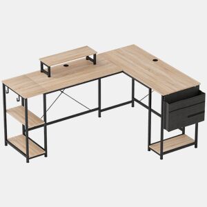 HOMCOM Secretária de Canto Reversível em L 168-240 cm, Secretária Industrial para Computador com Suporte para Monitor e CPU, Prateleiras, Bolsa Lateral e Ganchos, Natural