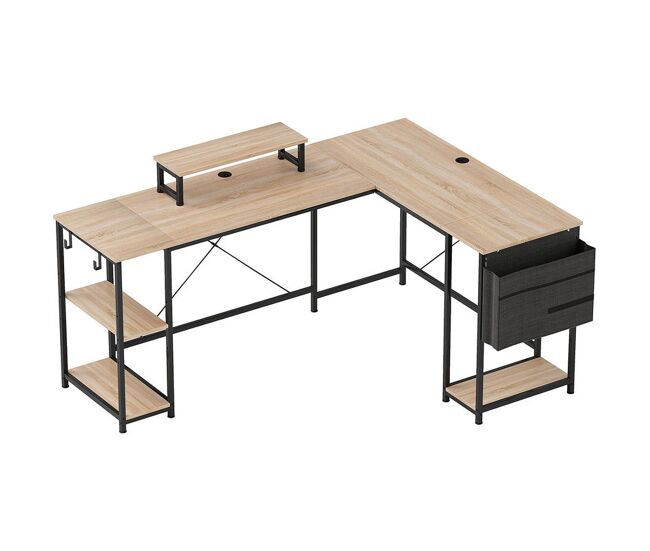 Homcom escritorio esquinero reversible en l, largo 168-240 cm, mesa escritorio de ordenador industrial con soporte monitor y cpu, estantería, bolsillo lateral, ganchos, estante ajustable, natural