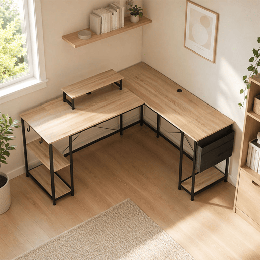 HOMCOM Secretária de Canto Reversível em L 168-240 cm, Secretária Industrial para Computador com Suporte para Monitor e CPU, Prateleiras, Bolsa Lateral e Ganchos, Natural HOMCOM Secretária de Canto Reversível em L 168-240 cm, Secretária Industrial para Computador com Suporte para Monitor e CPU, Prateleiras, Bolsa Lateral e Ganchos, Natural