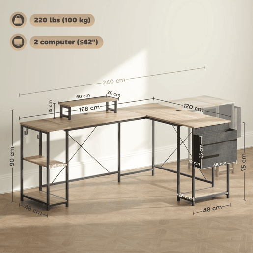 HOMCOM Secretária de Canto Reversível em L 168-240 cm, Secretária Industrial para Computador com Suporte para Monitor e CPU, Prateleiras, Bolsa Lateral e Ganchos, Natural HOMCOM Secretária de Canto Reversível em L 168-240 cm, Secretária Industrial para Computador com Suporte para Monitor e CPU, Prateleiras, Bolsa Lateral e Ganchos, Natural