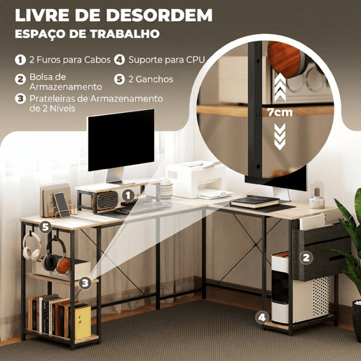 HOMCOM Secretária de Canto Reversível em L 168-240 cm, Secretária Industrial para Computador com Suporte para Monitor e CPU, Prateleiras, Bolsa Lateral e Ganchos, Natural HOMCOM Secretária de Canto Reversível em L 168-240 cm, Secretária Industrial para Computador com Suporte para Monitor e CPU, Prateleiras, Bolsa Lateral e Ganchos, Natural