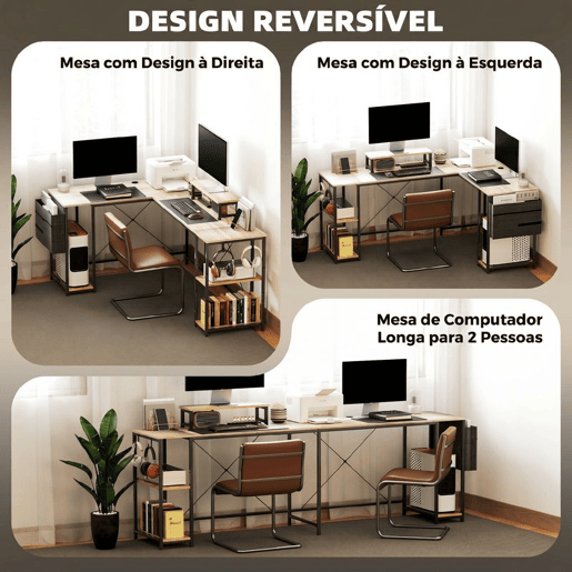HOMCOM Secretária de Canto Reversível em L 168-240 cm, Secretária Industrial para Computador com Suporte para Monitor e CPU, Prateleiras, Bolsa Lateral e Ganchos, Natural HOMCOM Secretária de Canto Reversível em L 168-240 cm, Secretária Industrial para Computador com Suporte para Monitor e CPU, Prateleiras, Bolsa Lateral e Ganchos, Natural