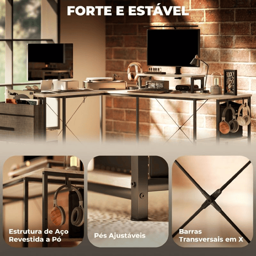 HOMCOM Secretária de Canto Reversível em L 168-240 cm, Secretária Industrial para Computador com Suporte para Monitor e CPU, Prateleiras, Bolsa Lateral e Ganchos, Natural HOMCOM Secretária de Canto Reversível em L 168-240 cm, Secretária Industrial para Computador com Suporte para Monitor e CPU, Prateleiras, Bolsa Lateral e Ganchos, Natural