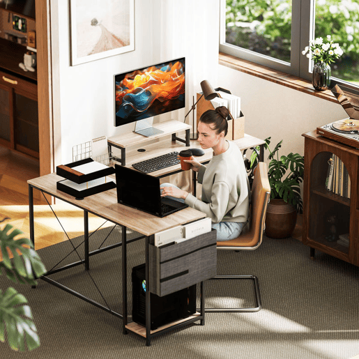 HOMCOM Secretária de Canto Reversível em L 168-240 cm, Secretária Industrial para Computador com Suporte para Monitor e CPU, Prateleiras, Bolsa Lateral e Ganchos, Natural HOMCOM Secretária de Canto Reversível em L 168-240 cm, Secretária Industrial para Computador com Suporte para Monitor e CPU, Prateleiras, Bolsa Lateral e Ganchos, Natural