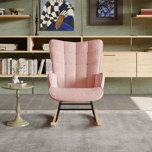 Cadeira de baloiço para quarto de criança, cadeira de baloiço estofada com encosto alto para sala de estar, quarto ou escritório, Rosa