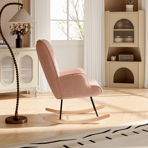Cadeira de baloiço para quarto de criança, cadeira de baloiço estofada com encosto alto para sala de estar, quarto ou escritório, Rosa