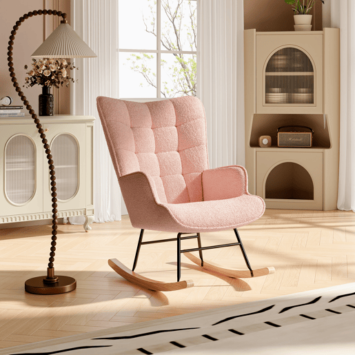 Cadeira de baloiço para quarto de criança, cadeira de baloiço estofada com encosto alto para sala de estar, quarto ou escritório, Rosa