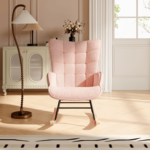 Cadeira de baloiço para quarto de criança, cadeira de baloiço estofada com encosto alto para sala de estar, quarto ou escritório, Rosa