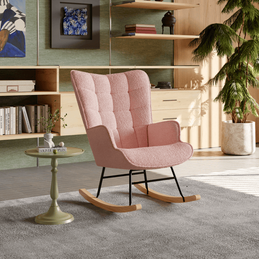 Cadeira de baloiço para quarto de criança, cadeira de baloiço estofada com encosto alto para sala de estar, quarto ou escritório, Rosa