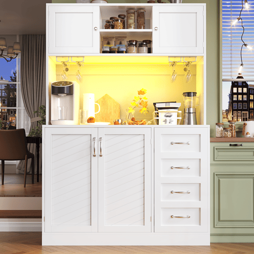 Armário de cozinha de mdf com 4 portas,4 gavetas e luz led,branco Armário de cozinha de mdf com 4 portas,4 gavetas e luz led,branco
