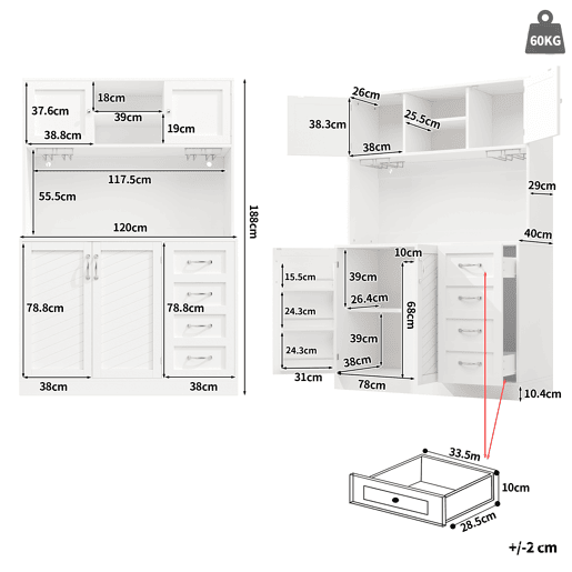 Armário de cozinha de mdf com 4 portas,4 gavetas e luz led,branco Armário de cozinha de mdf com 4 portas,4 gavetas e luz led,branco