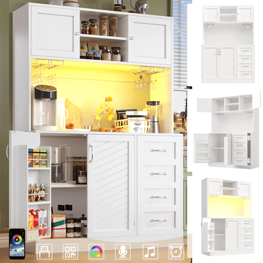 Armário de cozinha de mdf com 4 portas,4 gavetas e luz led,branco Armário de cozinha de mdf com 4 portas,4 gavetas e luz led,branco