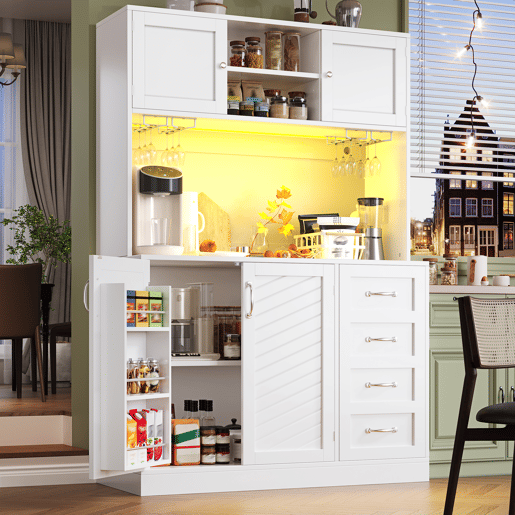 Armário de cozinha de mdf com 4 portas,4 gavetas e luz led,branco Armário de cozinha de mdf com 4 portas,4 gavetas e luz led,branco