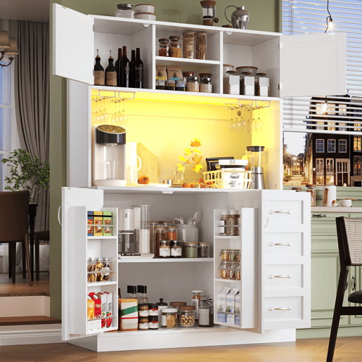Armário de cozinha de mdf com 4 portas,4 gavetas e luz led,branco Armário de cozinha de mdf com 4 portas,4 gavetas e luz led,branco