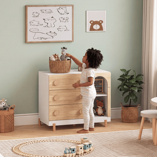 Cómoda infantil Vaarentaa com 3 gavetas + 2 compartimentos 79x41x66 cm BrancoEfeito carvalho en.casa Cómoda infantil Vaarentaa com 3 gavetas + 2 compartimentos 79x41x66 cm BrancoEfeito carvalho en.casa