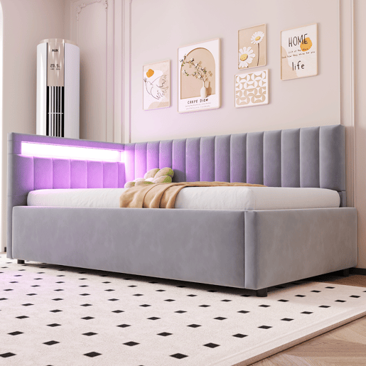 Cama de solteiro de veludo 90x200 cm com armazenamento e luz led,cinza claro