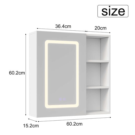 Armário de banheiro com espelho branco, 60,2 x 60,2 x 15,2 cm, com espelho LED, adequado para banheiros