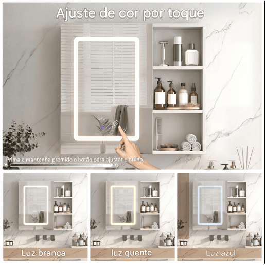 Armário de banheiro com espelho branco, 60,2 x 60,2 x 15,2 cm, com espelho LED, adequado para banheiros