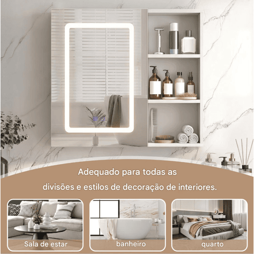 Armário de banheiro com espelho branco, 60,2 x 60,2 x 15,2 cm, com espelho LED, adequado para banheiros