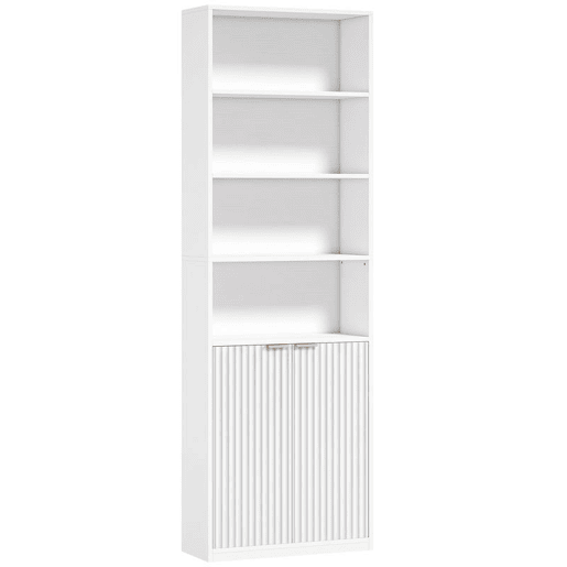 HOMCOM Estante para Livros Alta e Estreita, Biblioteca de 6 Níveis com 4 Compartimentos Abertos, Prateleira Ajustável, Fechos Magnéticos, 60x24x182 cm, Branco