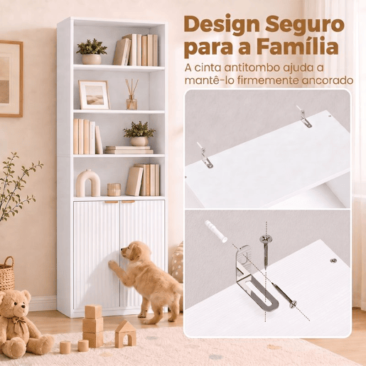 HOMCOM Estante para Livros Alta e Estreita, Biblioteca de 6 Níveis com 4 Compartimentos Abertos, Prateleira Ajustável, Fechos Magnéticos, 60x24x182 cm, Branco