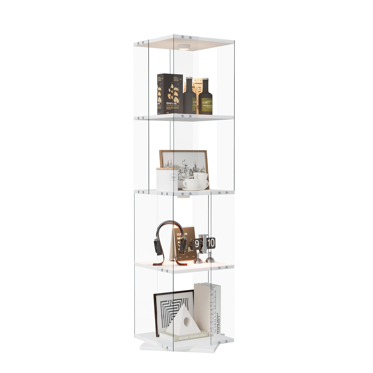 Vitrina de cristal de 38x38x160 cm con iluminación led, 4 estantes giratorios, protección contra el polvo y sistema antivuelco