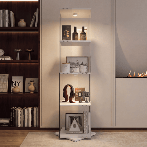 Vitrine de vidro 38x38x160 cm com LED, 4 prateleiras giratórias, proteção contra poeira e sistema antitombamento