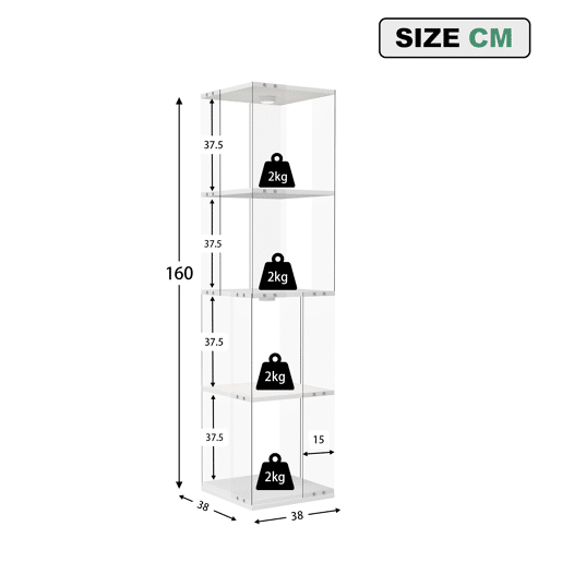 Vitrine de vidro 38x38x160 cm com LED, 4 prateleiras giratórias, proteção contra poeira e sistema antitombamento