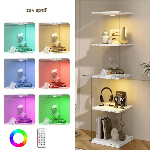 Vitrine de vidro 38x38x160 cm com LED, 4 prateleiras giratórias, proteção contra poeira e sistema antitombamento