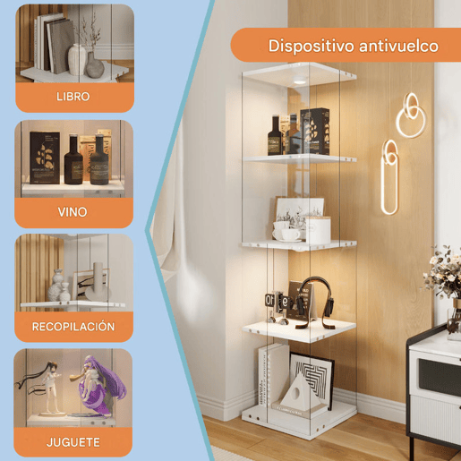 Vitrine de vidro 38x38x160 cm com LED, 4 prateleiras giratórias, proteção contra poeira e sistema antitombamento