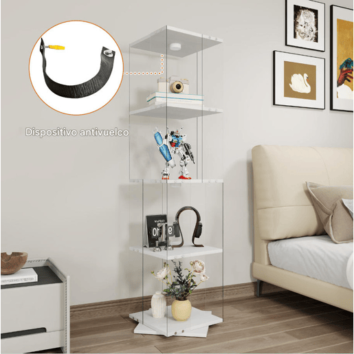 Vitrine de vidro 38x38x160 cm com LED, 4 prateleiras giratórias, proteção contra poeira e sistema antitombamento