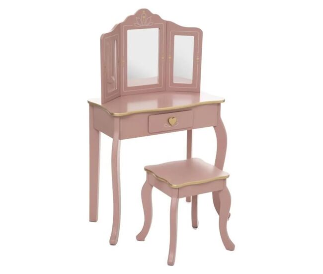 Tocador + taburete con espejos en madera decolor rosa|l. 59,5 x p. 29 x h. 98,5 cm