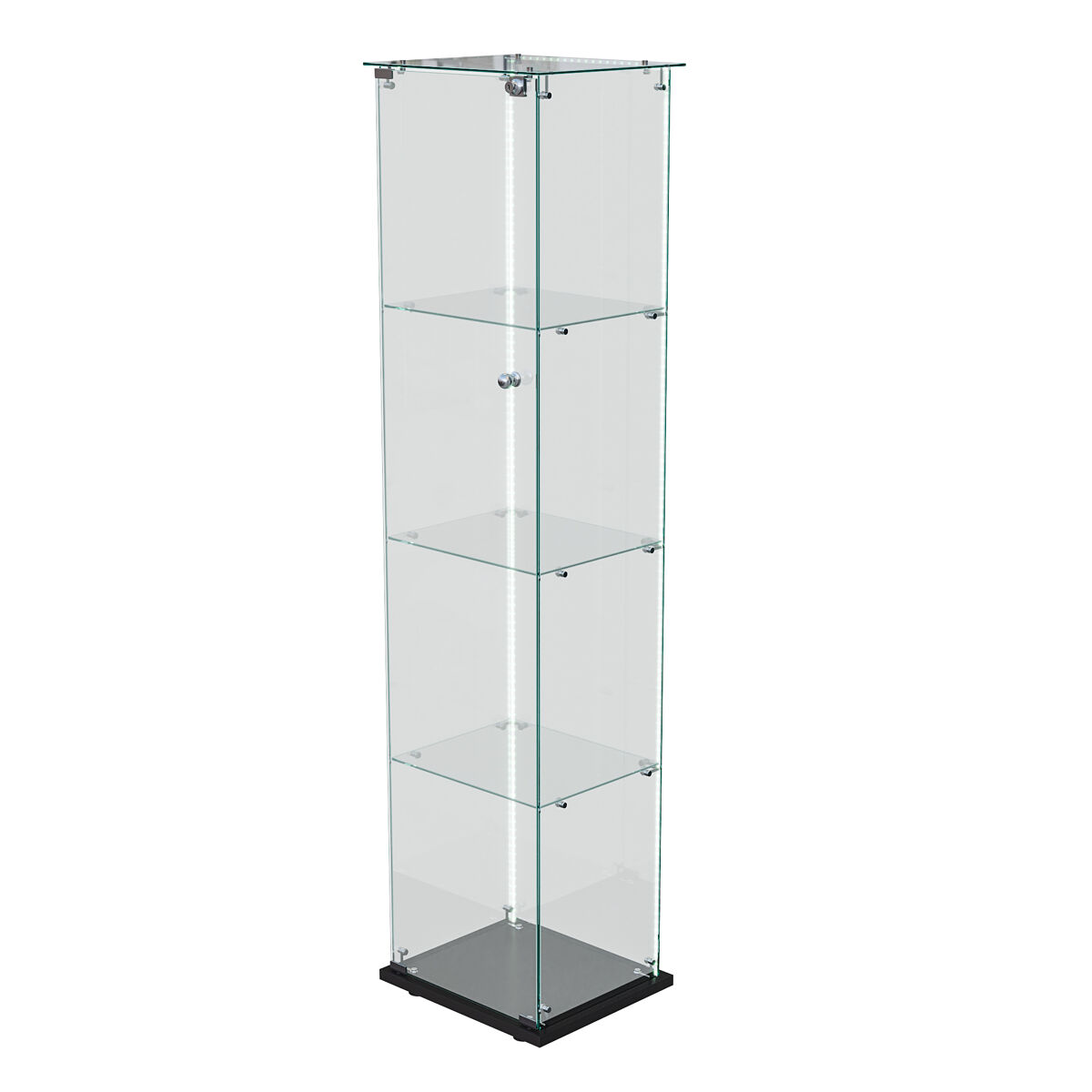Vitrina con iluminación led y cuatro niveles para objetos de colección, ideal para la sala de estar, el dormitorio o la oficina; acabado en negro.