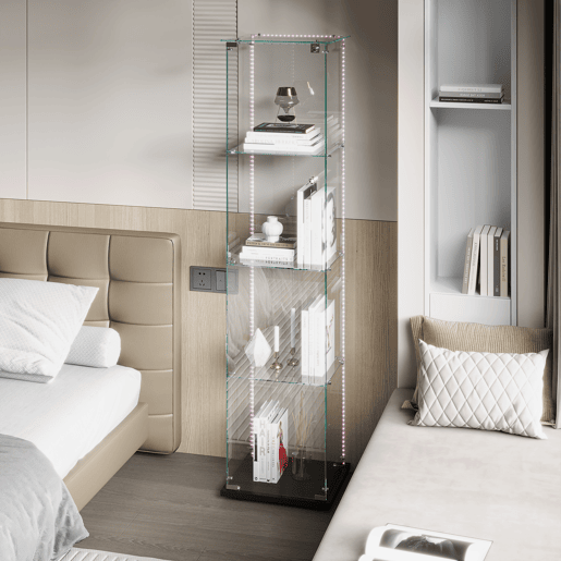 Vitrine LED com quatro camadas para objetos colecionáveis, ideal para sala de estar, quarto ou escritório, em preto. Vitrine LED com quatro camadas para objetos colecionáveis, ideal para sala de estar, quarto ou escritório, em preto.