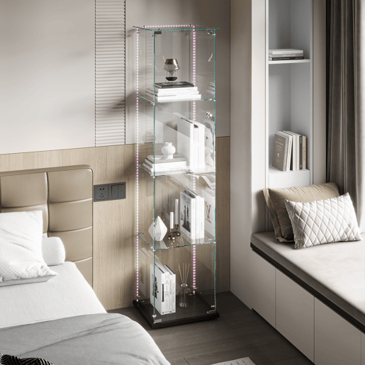 Vitrine LED com quatro camadas para objetos colecionáveis, ideal para sala de estar, quarto ou escritório, em preto. Vitrine LED com quatro camadas para objetos colecionáveis, ideal para sala de estar, quarto ou escritório, em preto.