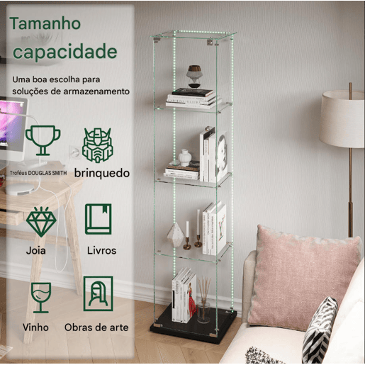Vitrine LED com quatro camadas para objetos colecionáveis, ideal para sala de estar, quarto ou escritório, em preto. Vitrine LED com quatro camadas para objetos colecionáveis, ideal para sala de estar, quarto ou escritório, em preto.