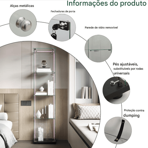 Vitrine LED com quatro camadas para objetos colecionáveis, ideal para sala de estar, quarto ou escritório, em preto. Vitrine LED com quatro camadas para objetos colecionáveis, ideal para sala de estar, quarto ou escritório, em preto.