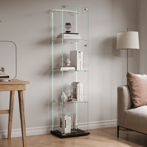 Vitrine LED com quatro camadas para objetos colecionáveis, ideal para sala de estar, quarto ou escritório, em preto. Vitrine LED com quatro camadas para objetos colecionáveis, ideal para sala de estar, quarto ou escritório, em preto.