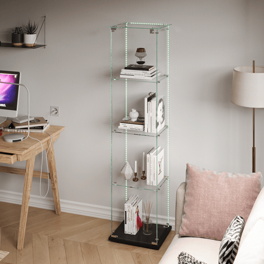 Vitrine LED com quatro camadas para objetos colecionáveis, ideal para sala de estar, quarto ou escritório, em preto. Vitrine LED com quatro camadas para objetos colecionáveis, ideal para sala de estar, quarto ou escritório, em preto.