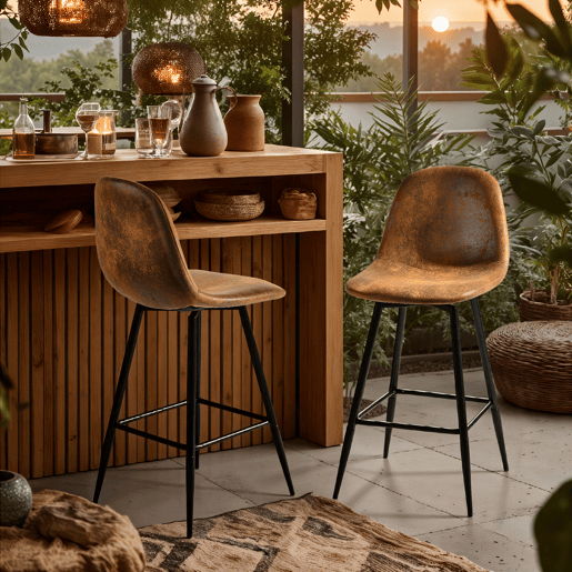 Conjunto de 2 banquetas de bar vintage giratórias em camurça sintética Conjunto de 2 banquetas de bar vintage giratórias em camurça sintética
