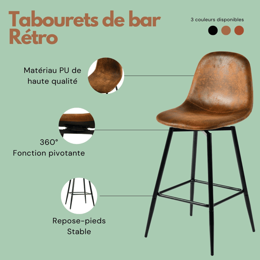 Conjunto de 2 banquetas de bar vintage giratórias em camurça sintética Conjunto de 2 banquetas de bar vintage giratórias em camurça sintética