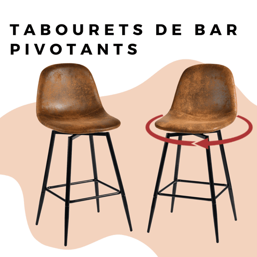 Conjunto de 2 banquetas de bar vintage giratórias em camurça sintética Conjunto de 2 banquetas de bar vintage giratórias em camurça sintética
