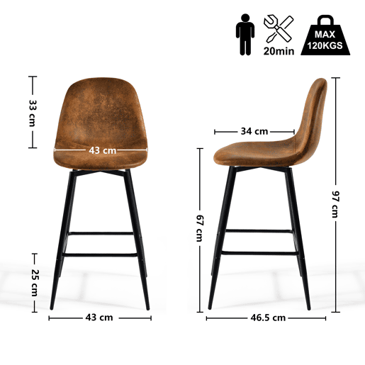 Conjunto de 2 banquetas de bar vintage giratórias em camurça sintética Conjunto de 2 banquetas de bar vintage giratórias em camurça sintética